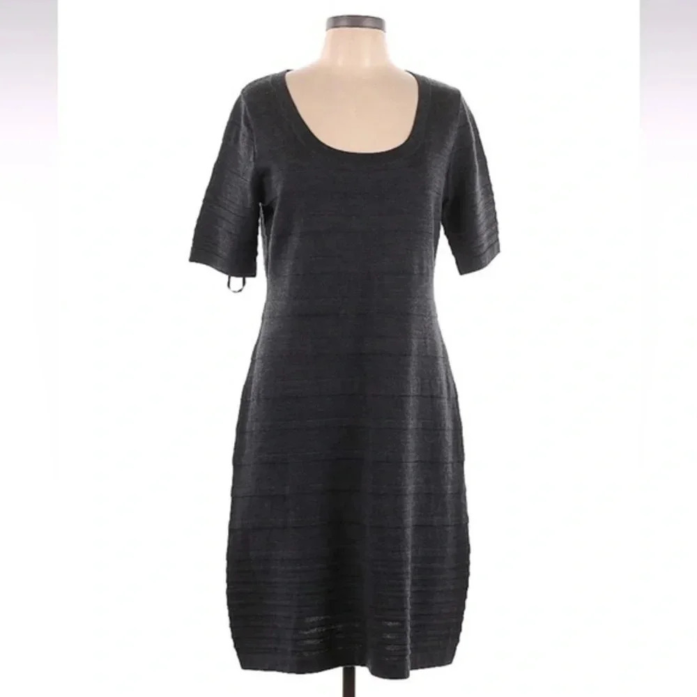 Calvin Klein Dress Gray Wool Blend Short Sleeve A Line Sheath Knit Size Large L